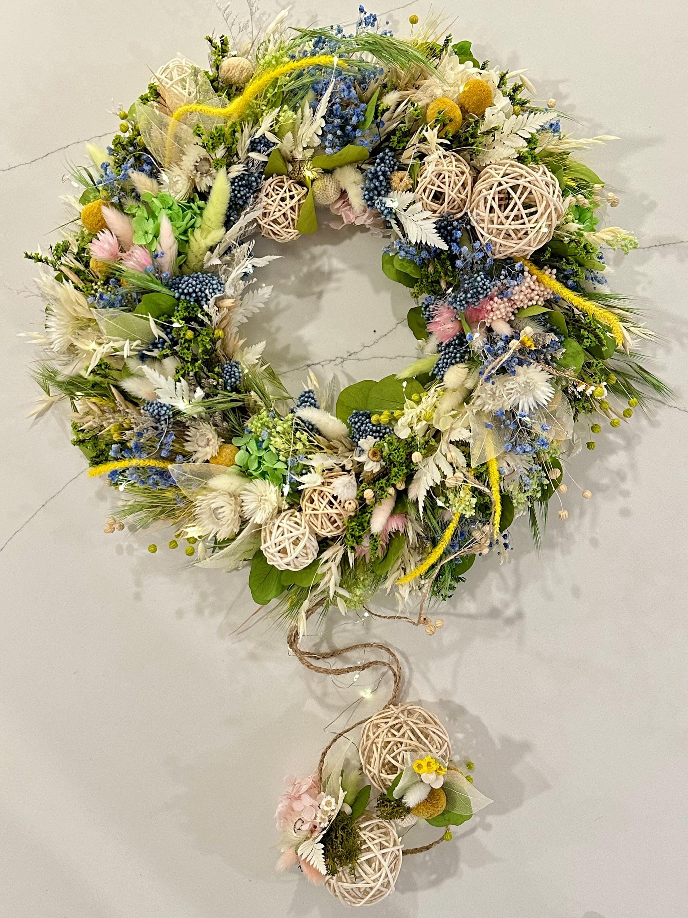 Spring Dried Flower Wreath with Lights for Front Door