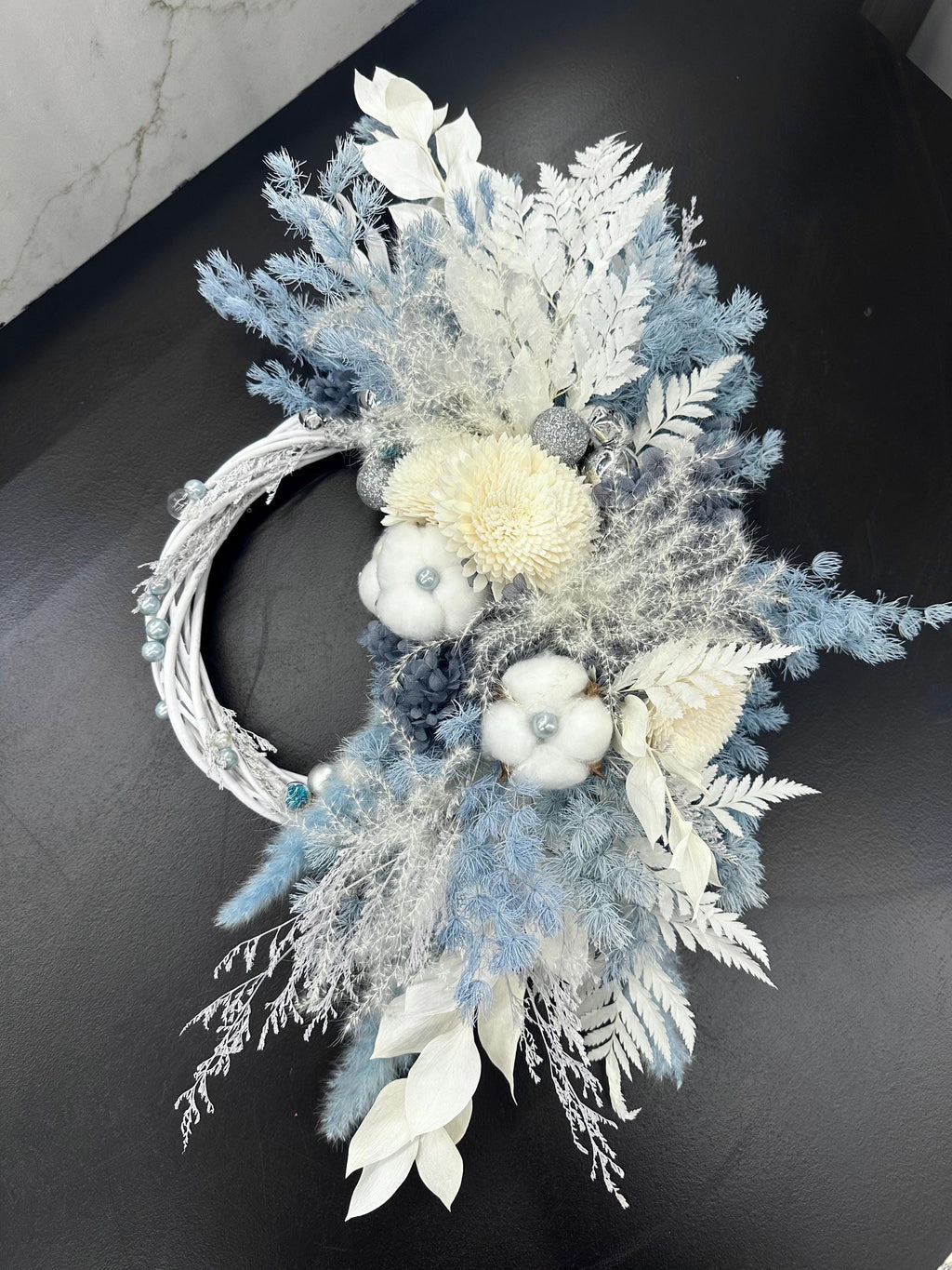 Blue & White Preserved Flower Wreath for Front Door