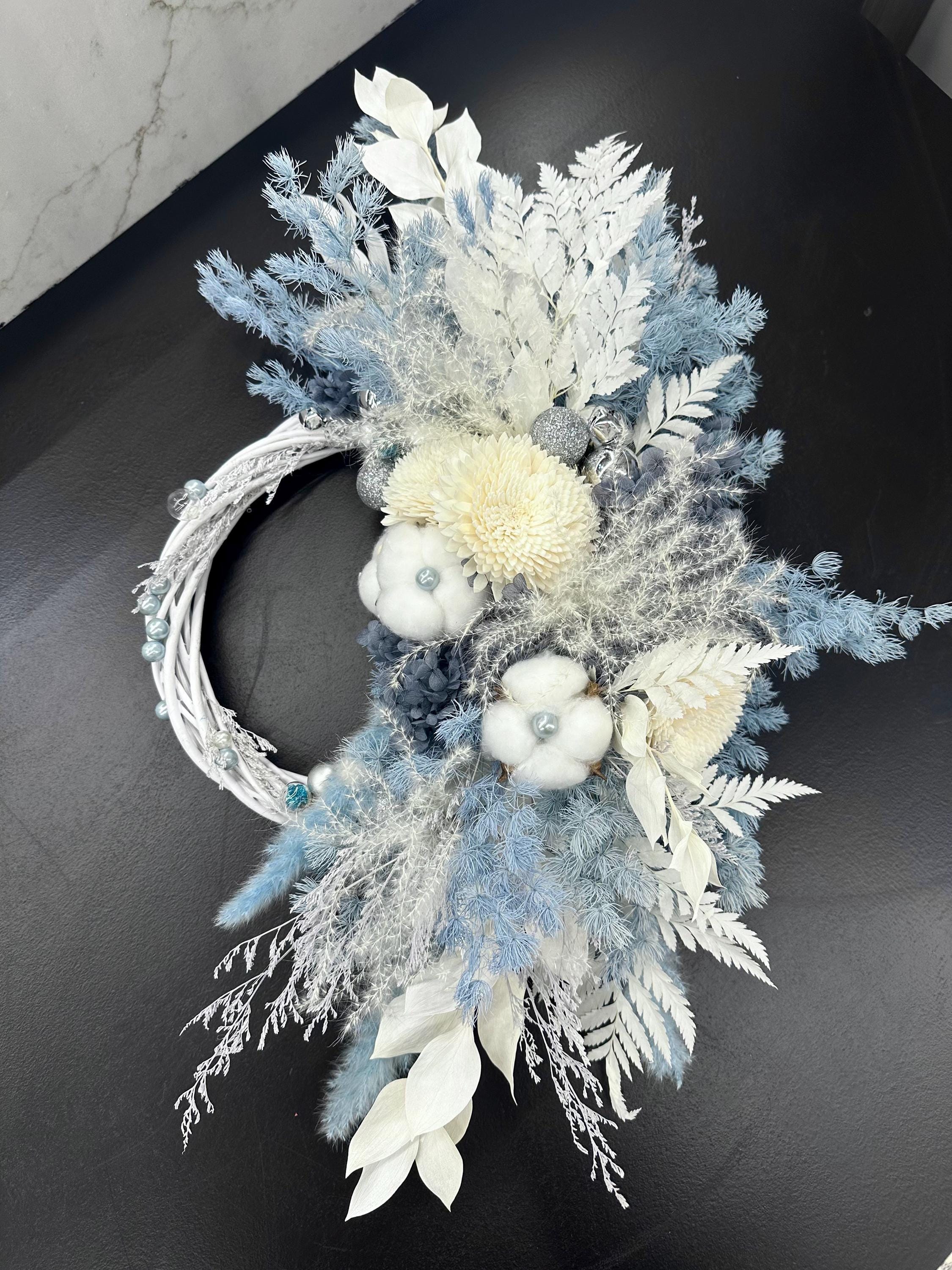 Blue & White Preserved Flower Wreath for Front Door