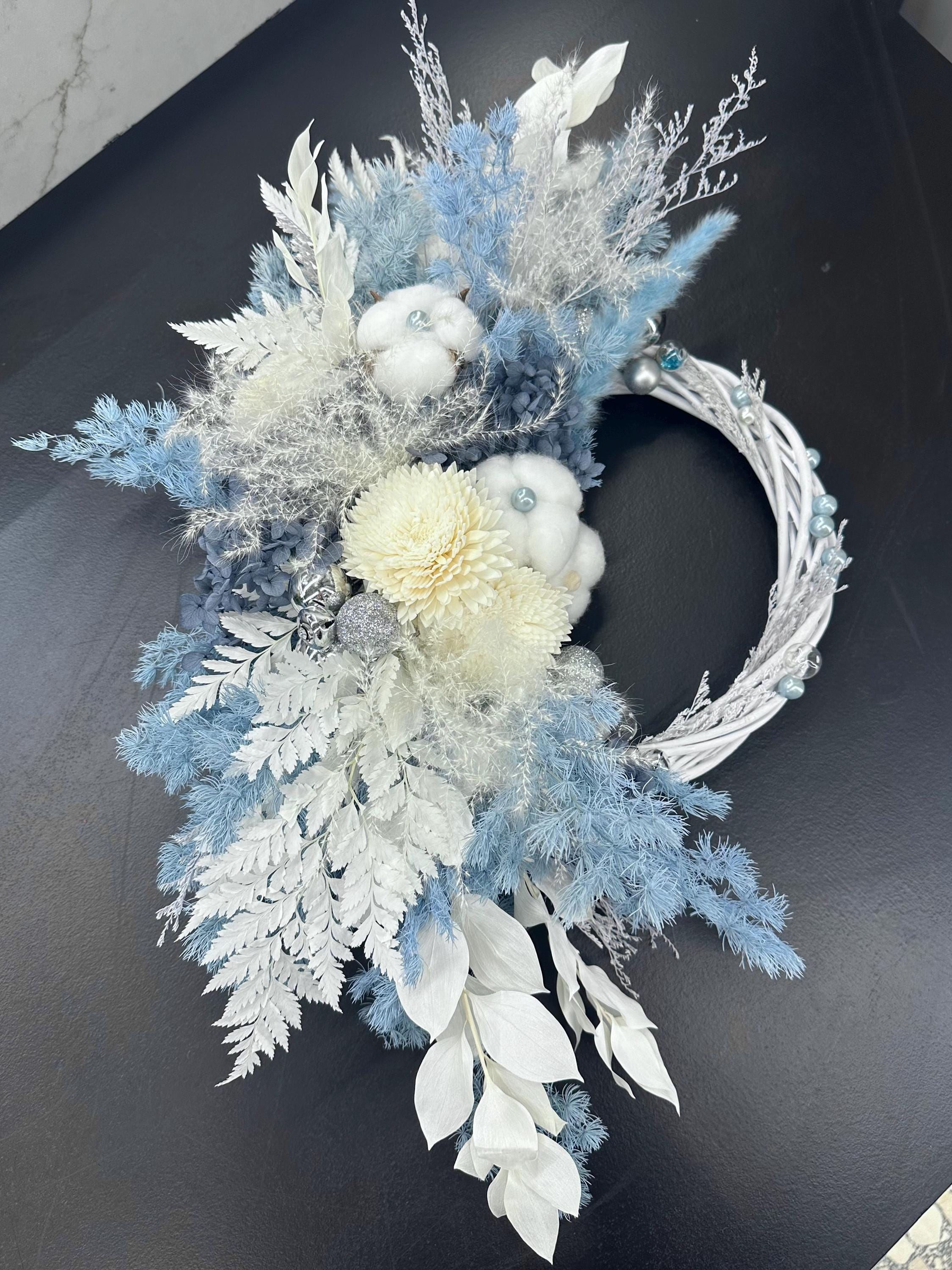 Blue & White Preserved Flower Wreath for Front Door