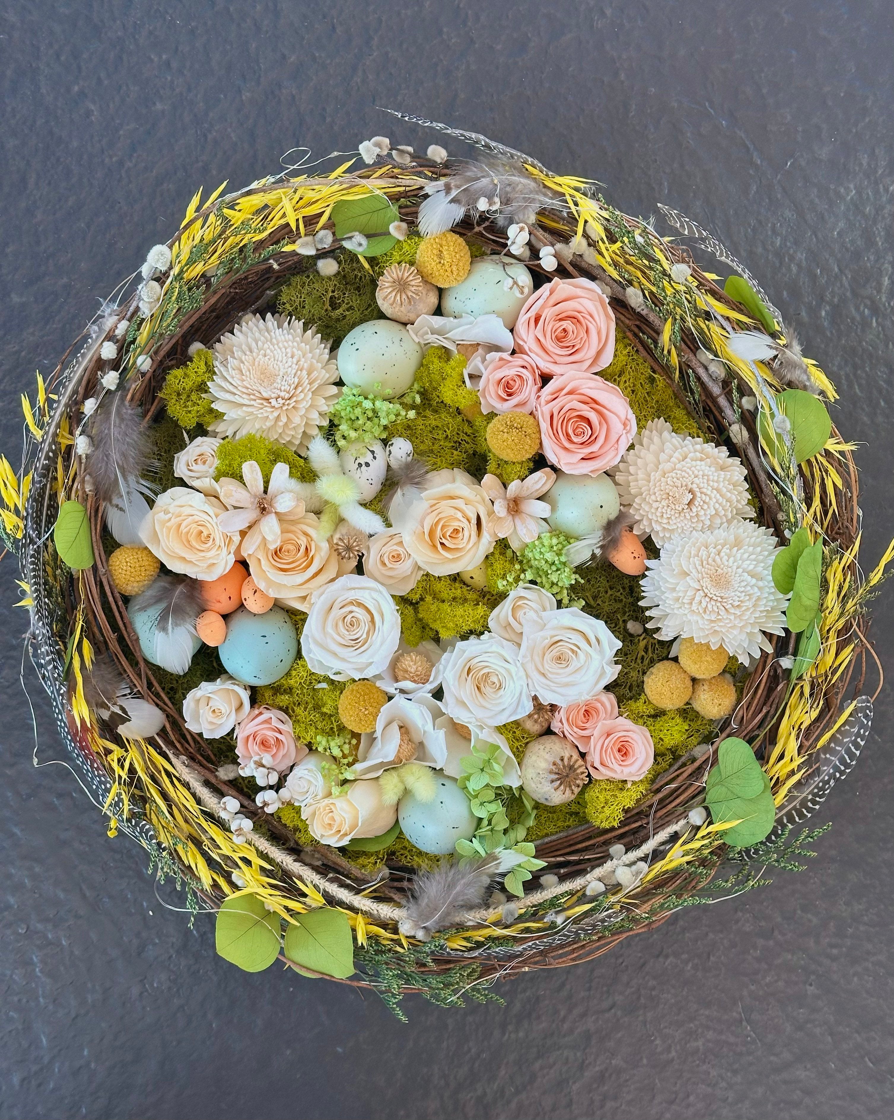 Easter Floral Nest Wreath – Spring Table Centerpiece with Preserved Roses
