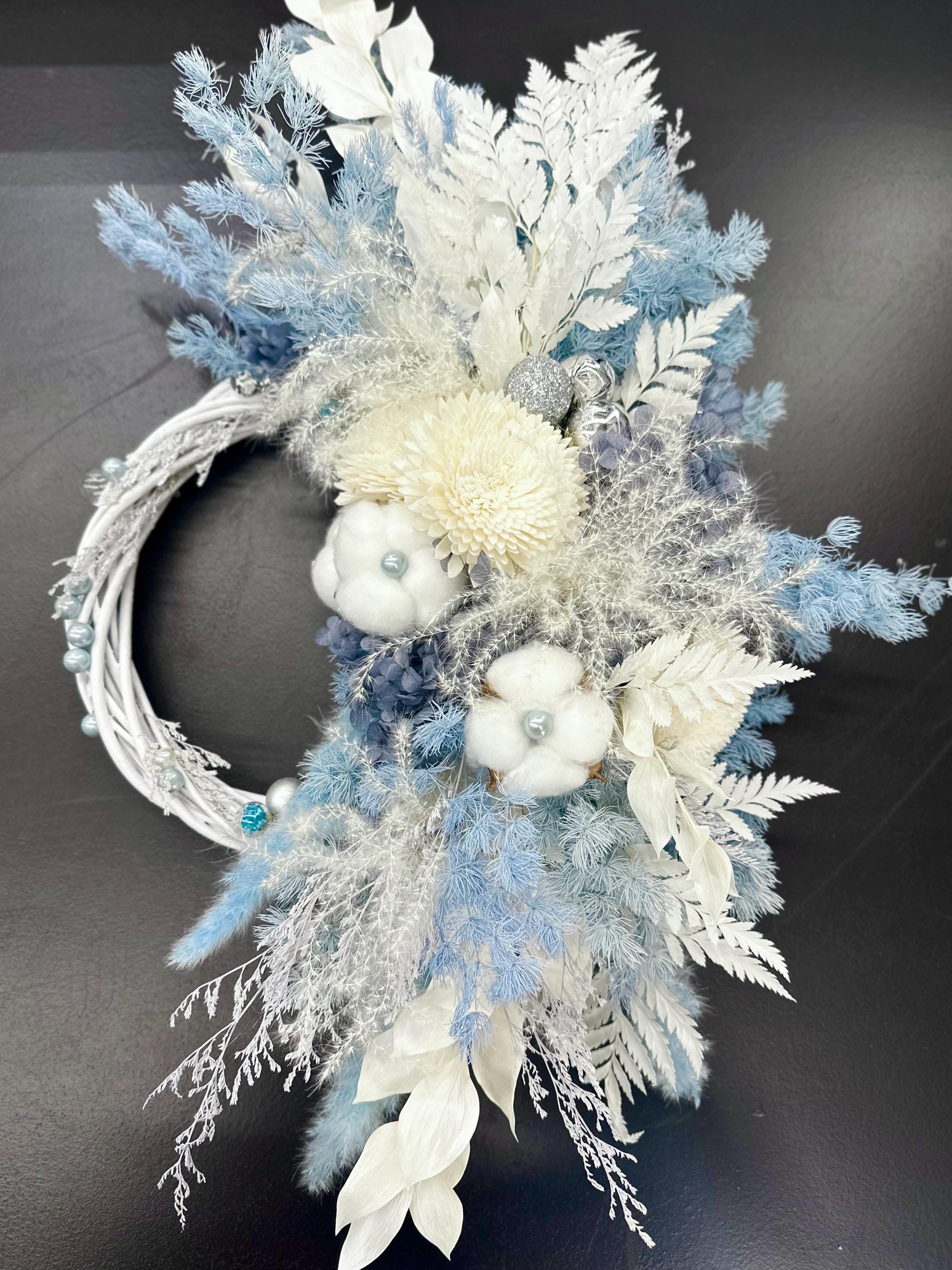 Blue & White Preserved Flower Wreath for Front Door