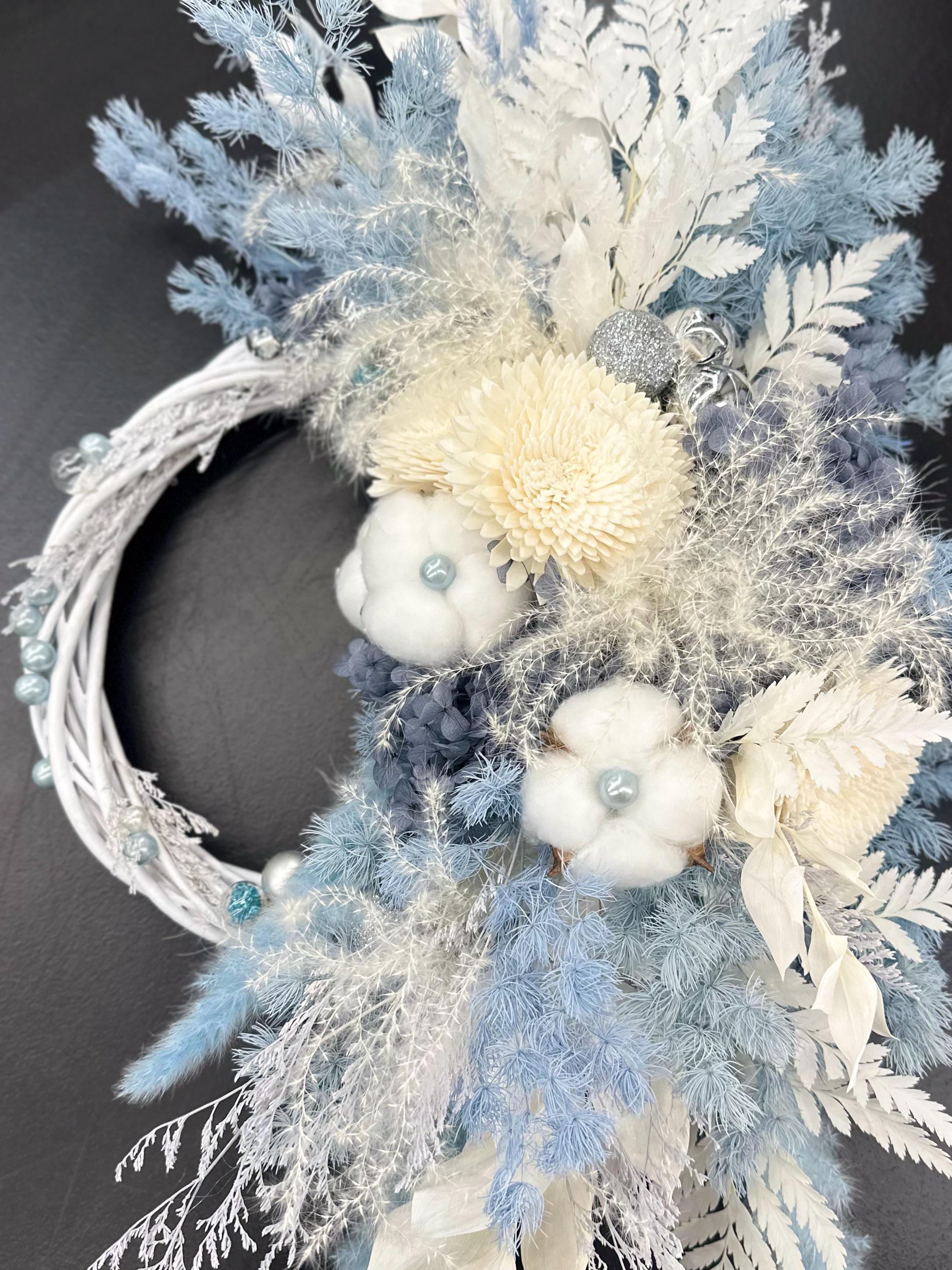 Blue & White Preserved Flower Wreath for Front Door